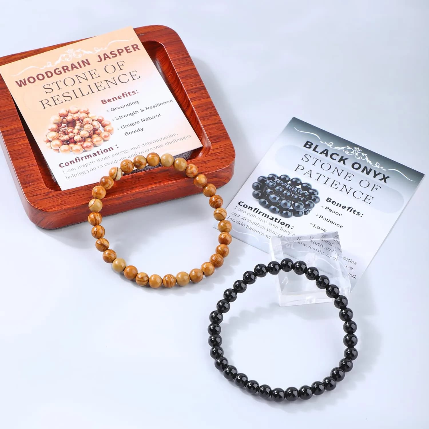 NCB Natural Bracelet c75213 Black Onyx Woodgrain Jasper Stretch Bracelets, 6mm Beads | Stone of Resilience - view 3