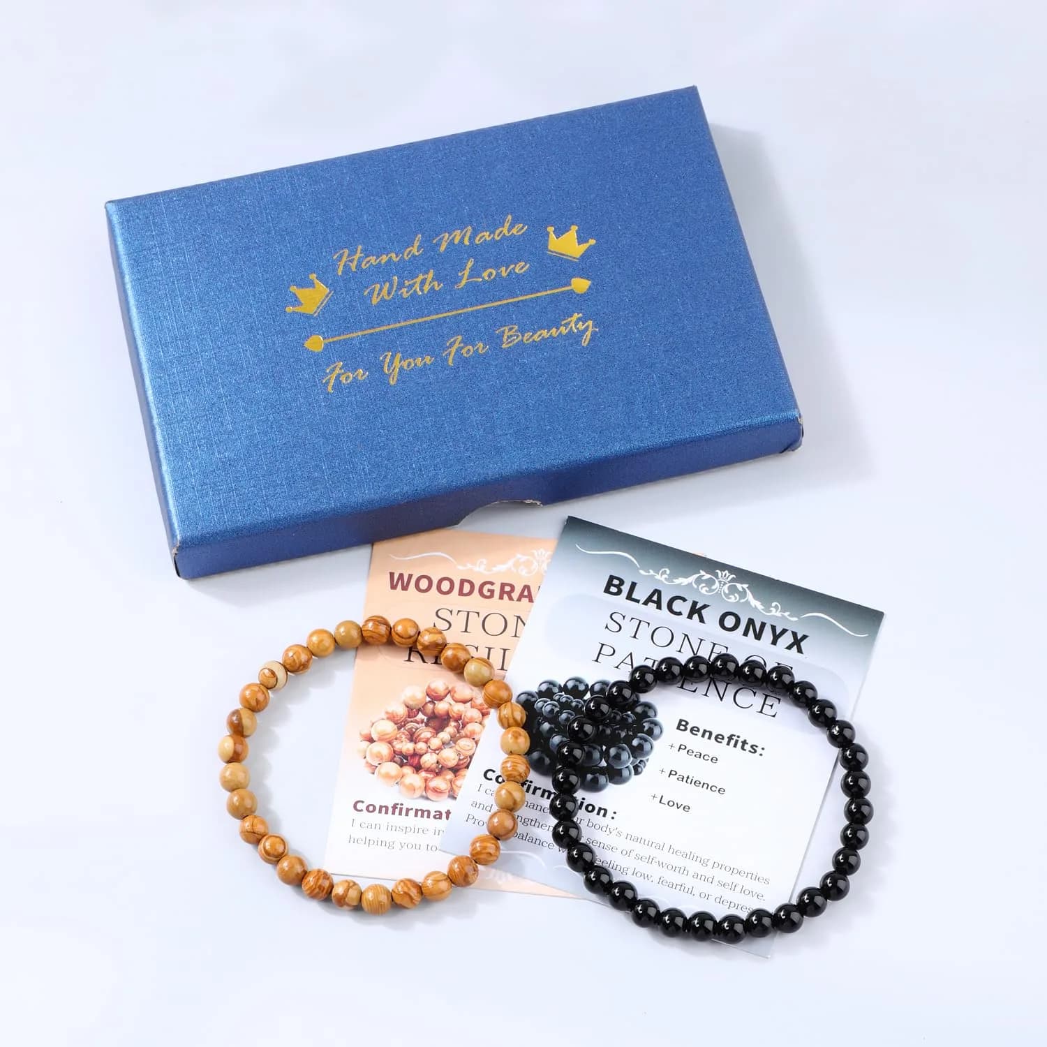 NCB Natural Bracelet c75213 Black Onyx Woodgrain Jasper Stretch Bracelets, 6mm Beads | Stone of Resilience - view 4