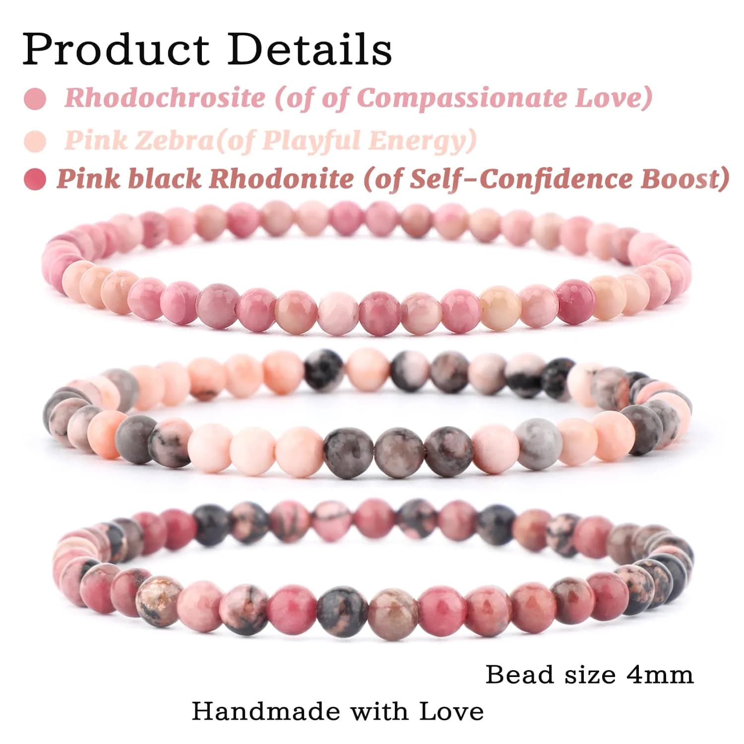 NCB 3-Piece 4mm Natural Crystal Gemstone Stretch Bracelets | Reiki Energy Healing Jewelry - view 2