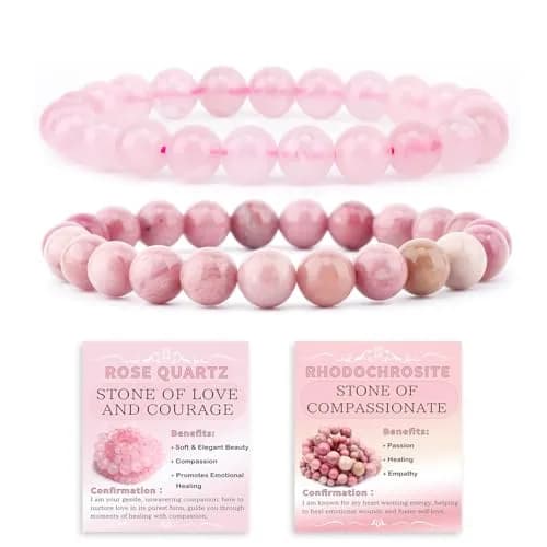 NCB Natural Crystal Gemstone Stretch Bracelets (6mm Pink Quartz, Rhodochrosite) | Handmade Reiki Healing Jewelry for Meditation, Yoga - main product image