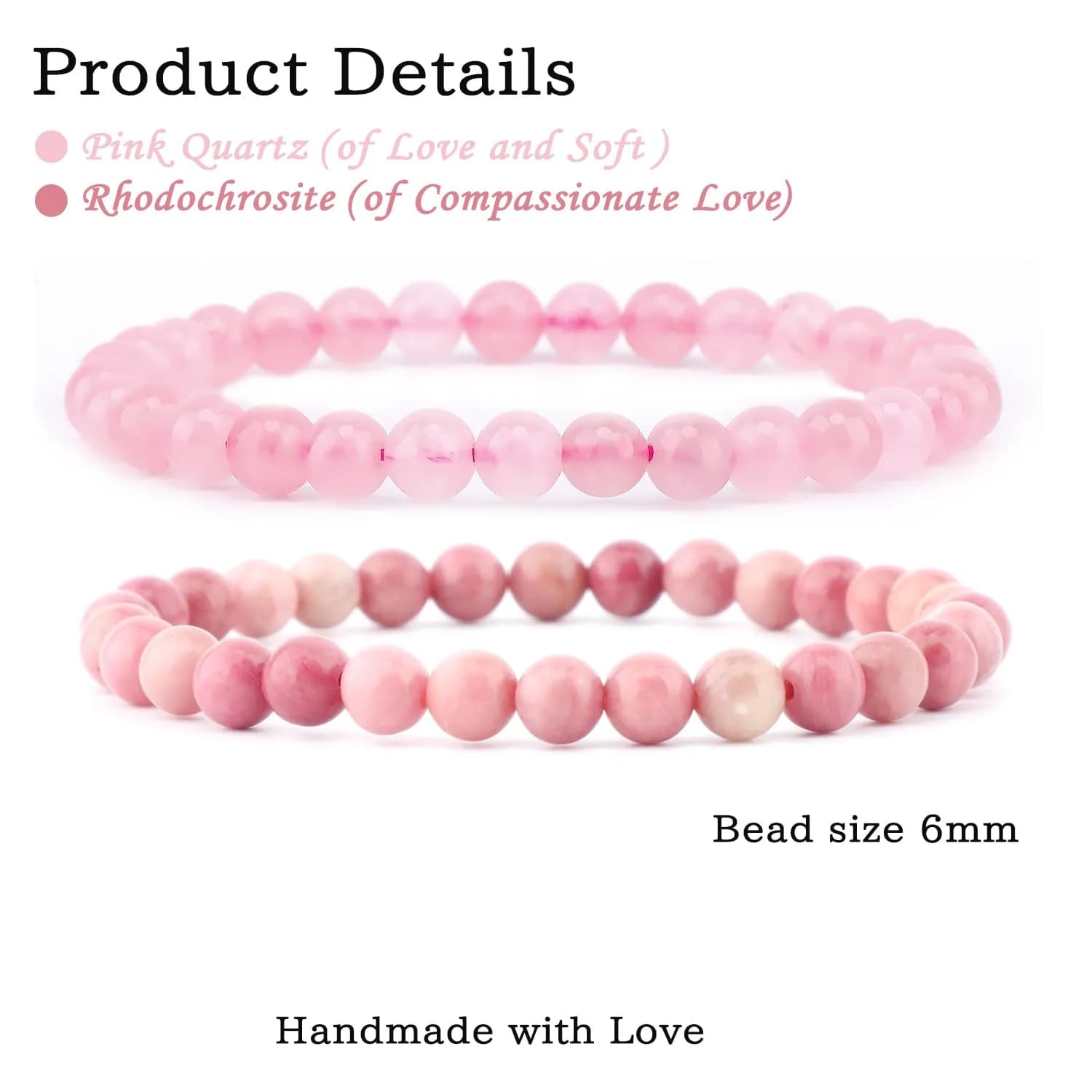 NCB Natural Crystal Gemstone Stretch Bracelets (6mm Pink Quartz, Rhodochrosite) | Handmade Reiki Healing Jewelry for Meditation, Yoga - view 2