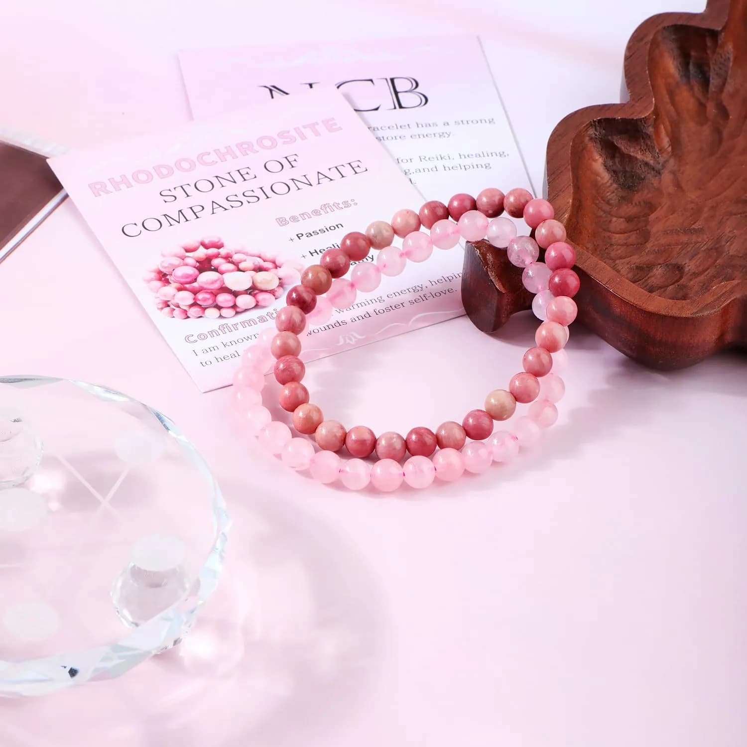 NCB Natural Crystal Gemstone Stretch Bracelets (6mm Pink Quartz, Rhodochrosite) | Handmade Reiki Healing Jewelry for Meditation, Yoga - view 3