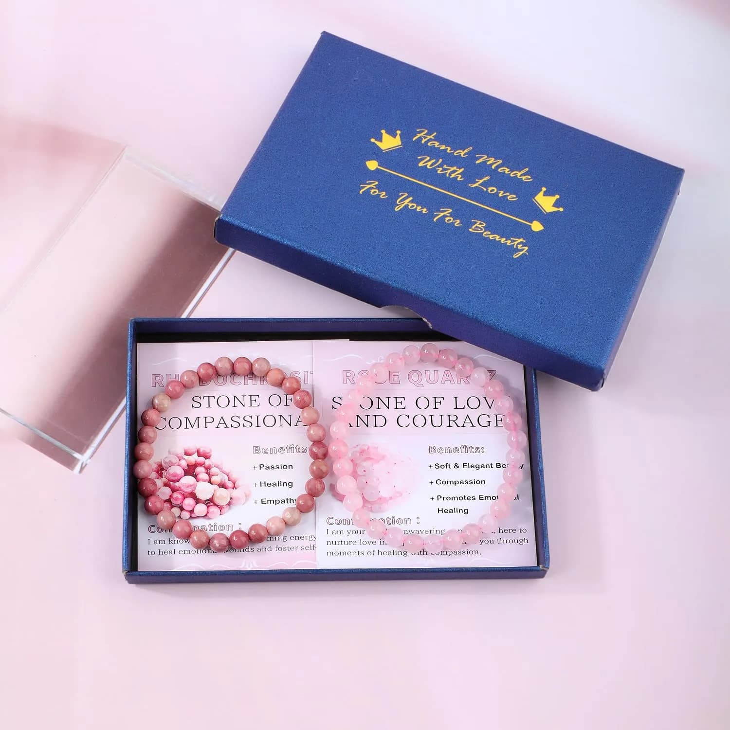 NCB Natural Crystal Gemstone Stretch Bracelets (6mm Pink Quartz, Rhodochrosite) | Handmade Reiki Healing Jewelry for Meditation, Yoga - view 4