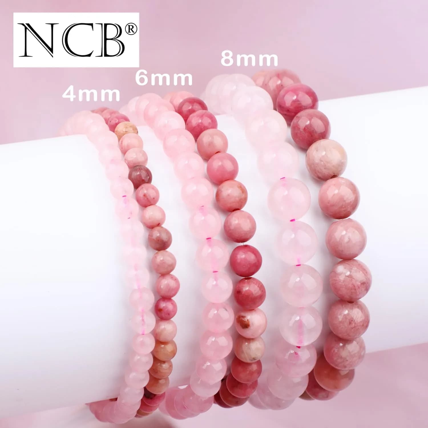 NCB Natural Crystal Gemstone Stretch Bracelets (6mm Pink Quartz, Rhodochrosite) | Handmade Reiki Healing Jewelry for Meditation, Yoga - view 5