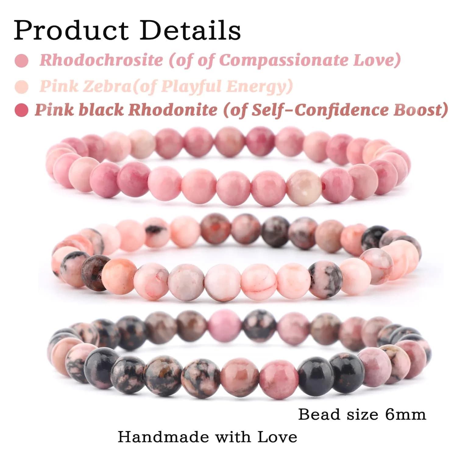 NCB Natural Gemstone Stretch Bracelets (6mm Beads, 3-Pack) | Reiki Energy Healing Jewelry for Meditation, Yoga - view 2