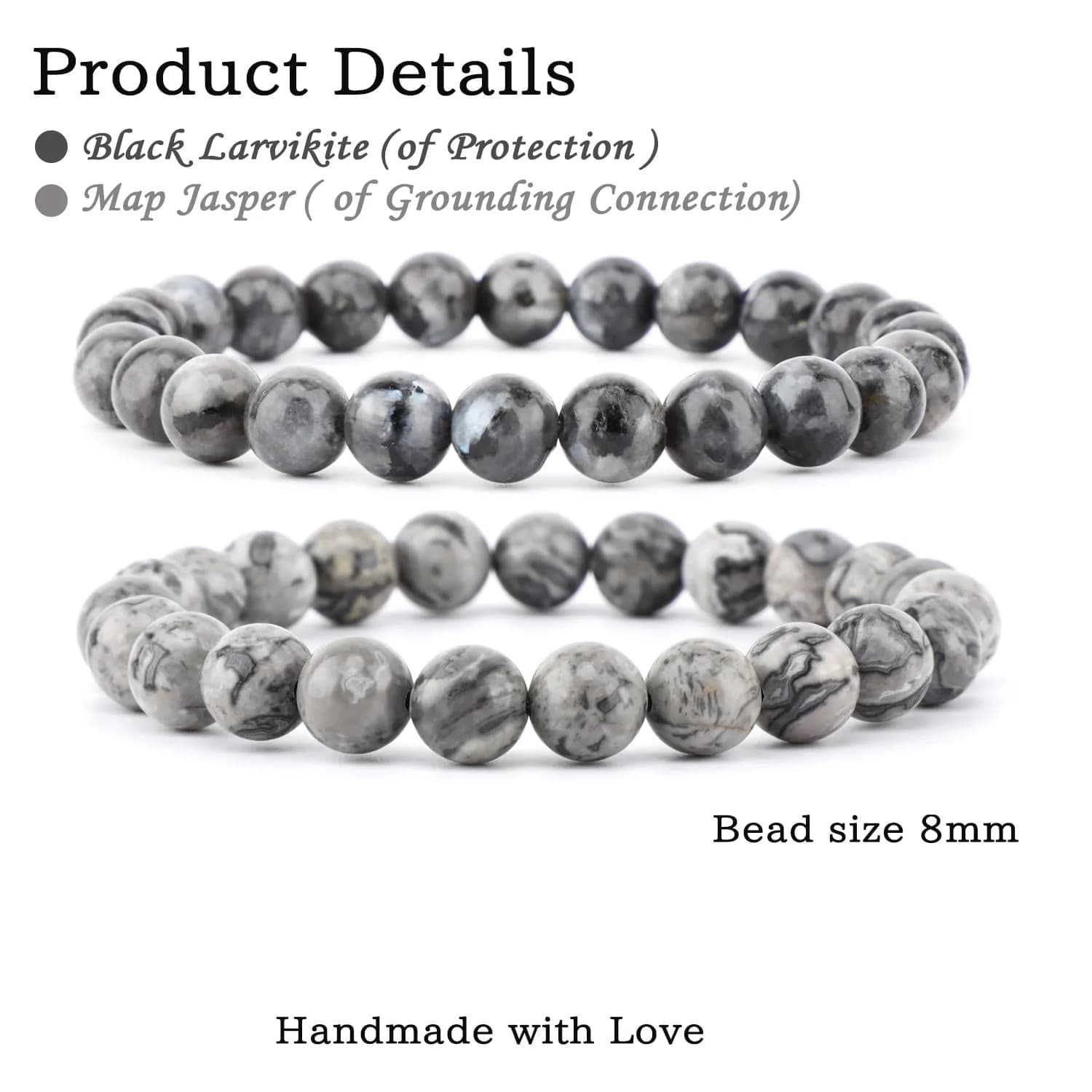 NCB Natural Crystal Gemstone Stretch Bracelets - Black Larvikite & Map Jasper (8mm Beads, 2-Pack) | Handmade Reiki Healing Jewelry - view 2