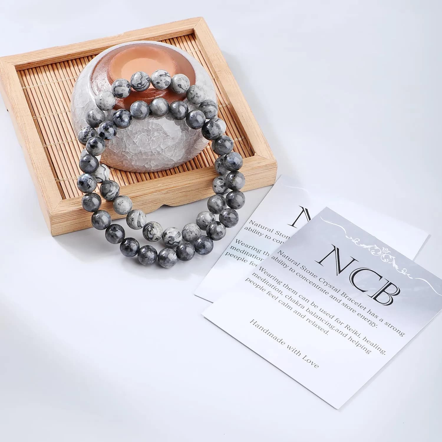 NCB Natural Crystal Gemstone Stretch Bracelets - Black Larvikite & Map Jasper (8mm Beads, 2-Pack) | Handmade Reiki Healing Jewelry - view 3