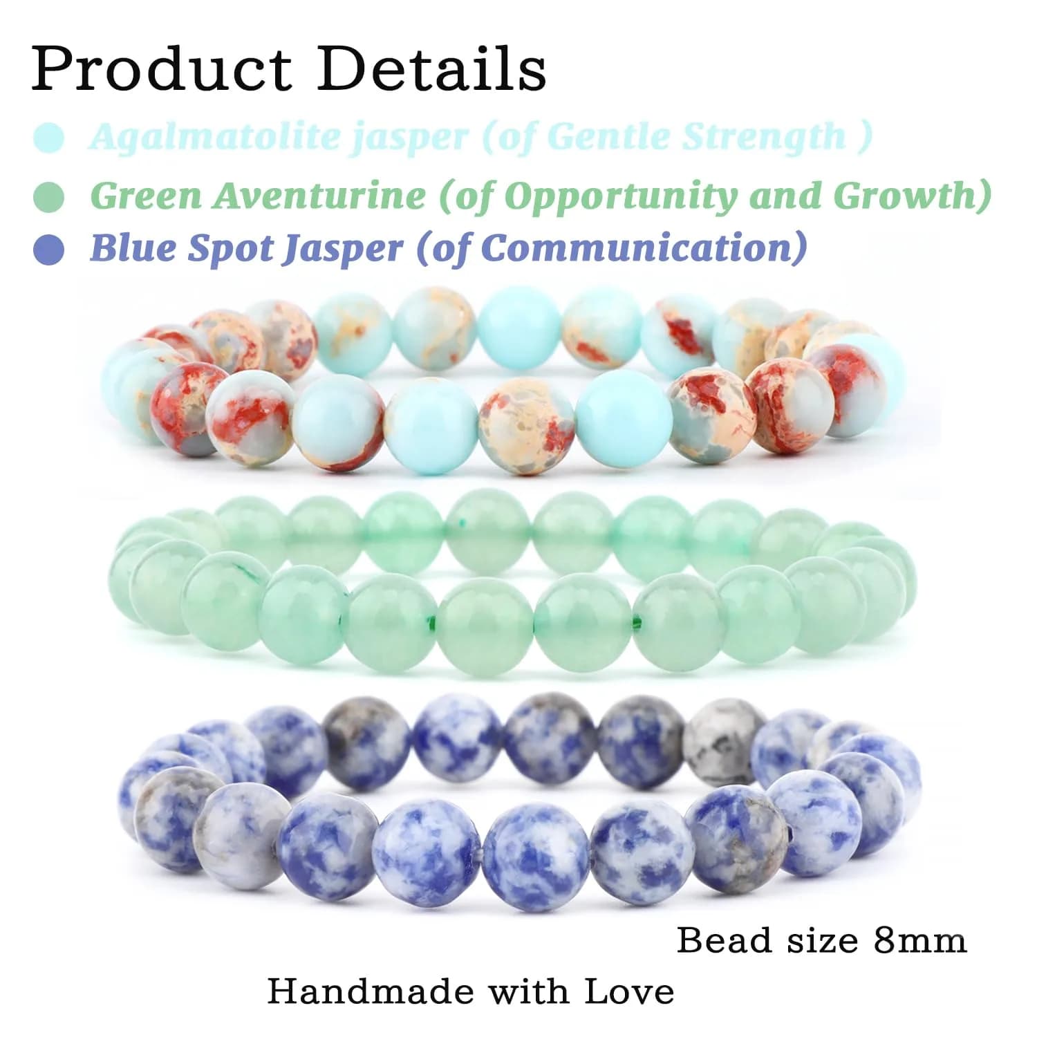 NCB Natural Crystal Gemstone Stretch Bracelets - Agalmatolite Jasper, Blue Spot, Green Aventurine (8mm, 3-Piece Set) | Reiki Energy Healing Jewelry - view 2