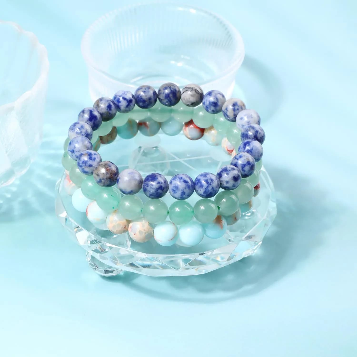 NCB Natural Crystal Gemstone Stretch Bracelets - Agalmatolite Jasper, Blue Spot, Green Aventurine (8mm, 3-Piece Set) | Reiki Energy Healing Jewelry - view 3