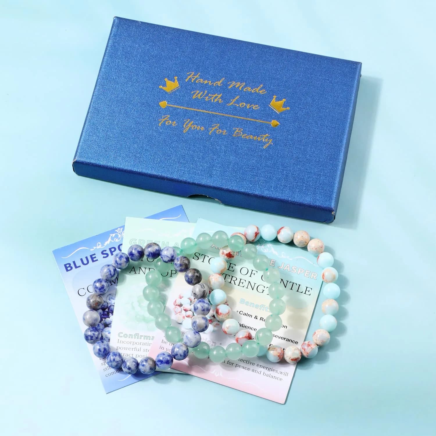 NCB Natural Crystal Gemstone Stretch Bracelets - Agalmatolite Jasper, Blue Spot, Green Aventurine (8mm, 3-Piece Set) | Reiki Energy Healing Jewelry - view 4
