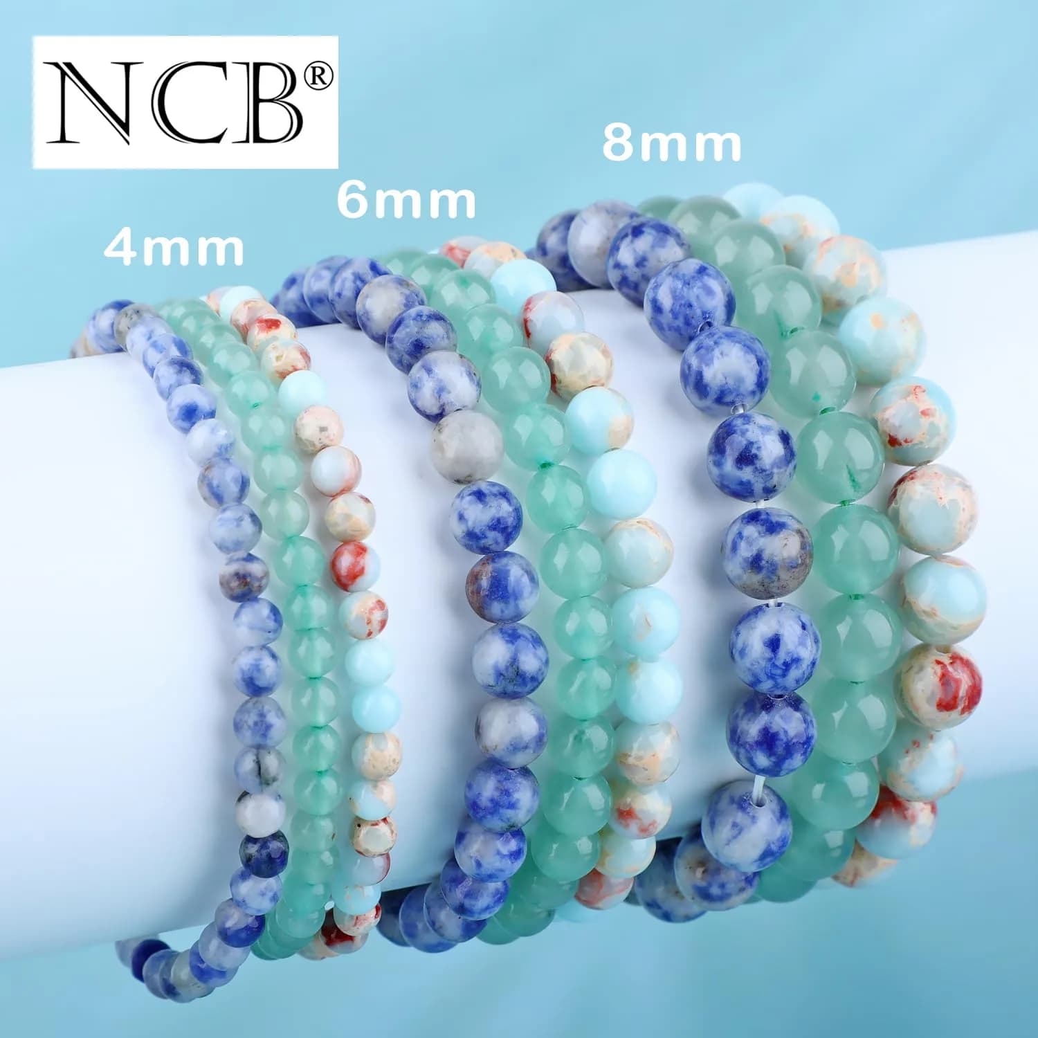 NCB Natural Crystal Gemstone Stretch Bracelets - Agalmatolite Jasper, Blue Spot, Green Aventurine (8mm, 3-Piece Set) | Reiki Energy Healing Jewelry - view 5