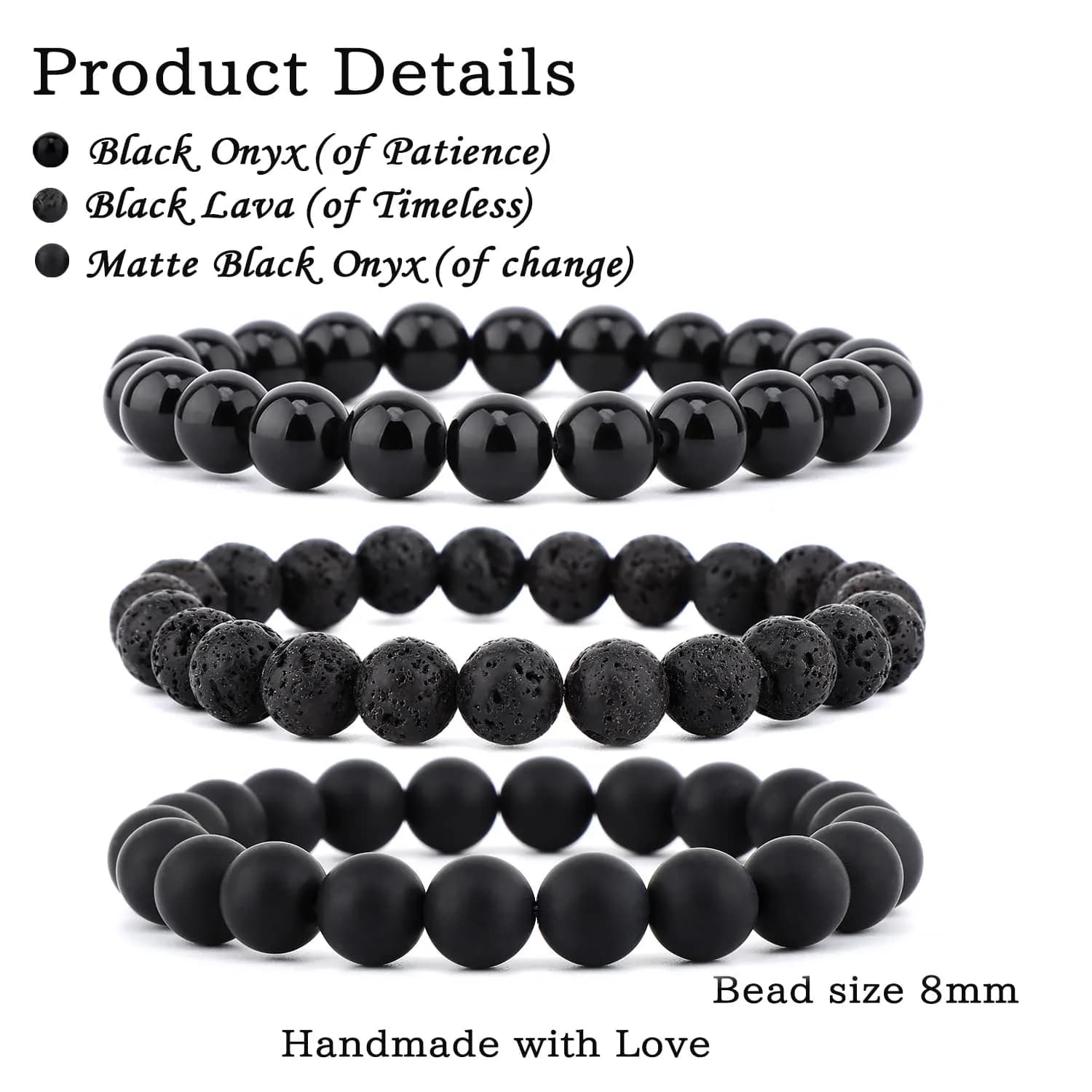 NCB 3-Piece Natural Crystal Gemstone Stretch Bracelets - Black Lava, Onyx, Agate 8mm Beads | Reiki Energy Healing Jewelry - view 2