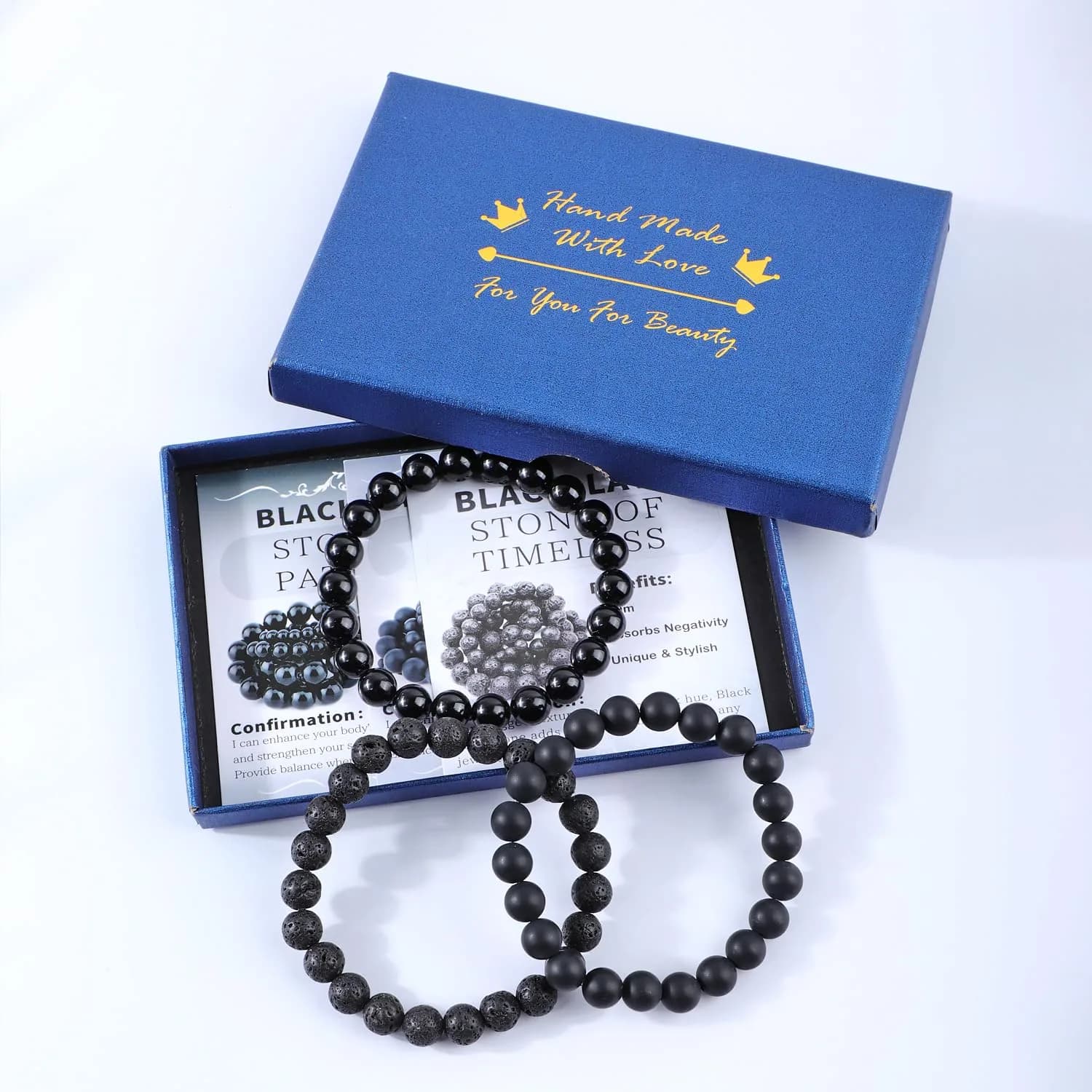 NCB 3-Piece Natural Crystal Gemstone Stretch Bracelets - Black Lava, Onyx, Agate 8mm Beads | Reiki Energy Healing Jewelry - view 4