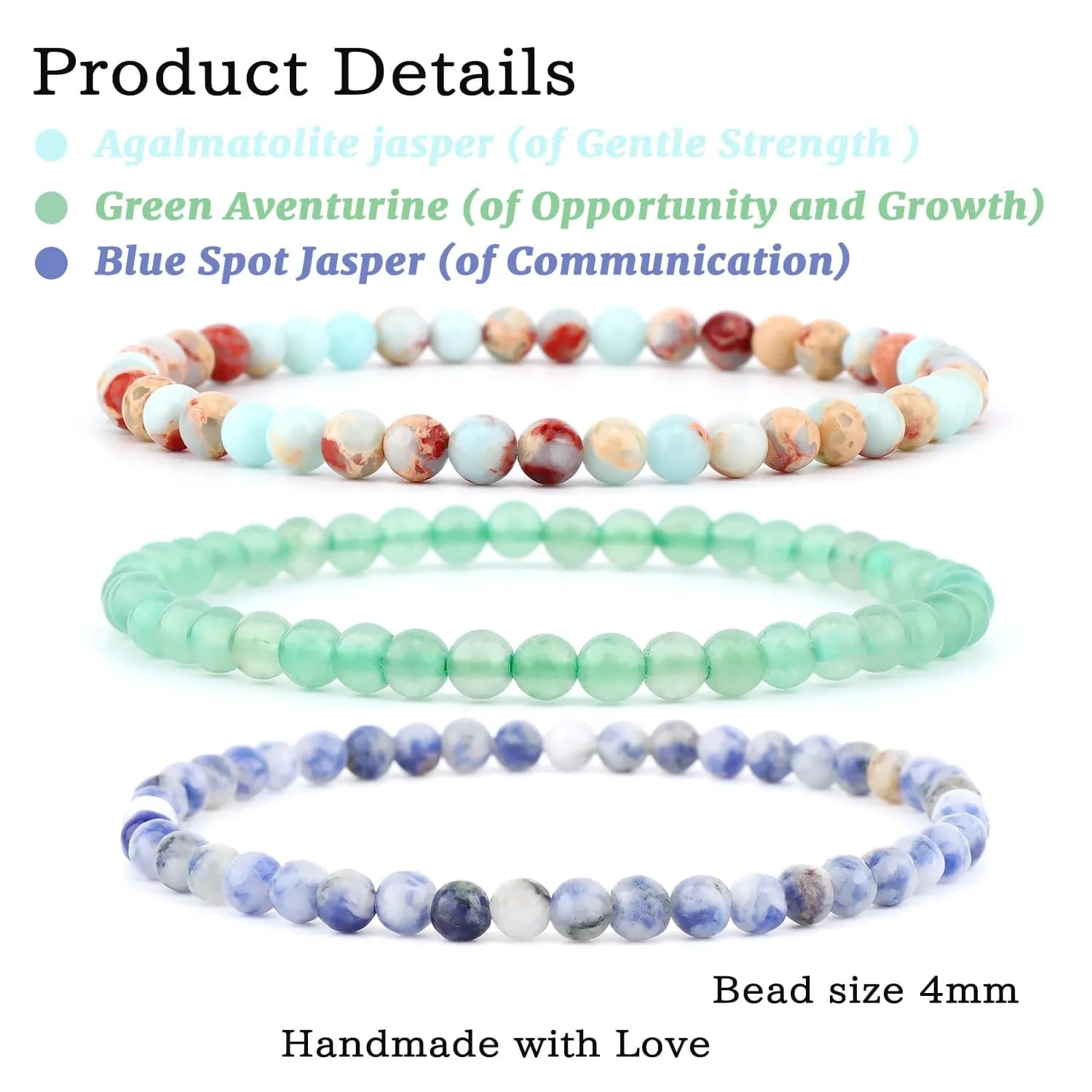 NCB 4mm Natural Crystal Gemstone Stretch Bracelets Set (3 Bracelets) | Handmade Reiki Energy Healing Jewelry - view 2