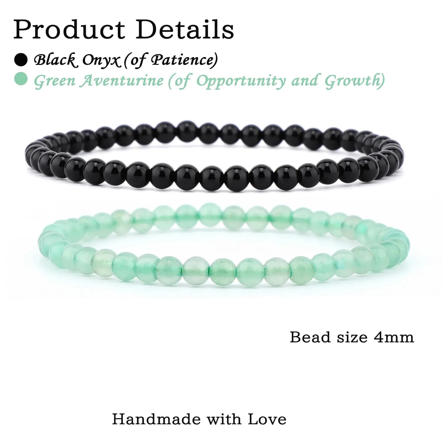 NCB Natural Crystal Gemstone Stretch Bracelets Black Onyx Green Aventurine 4mm Beads | Handmade Reiki Energy Healing Jewelry - view 2