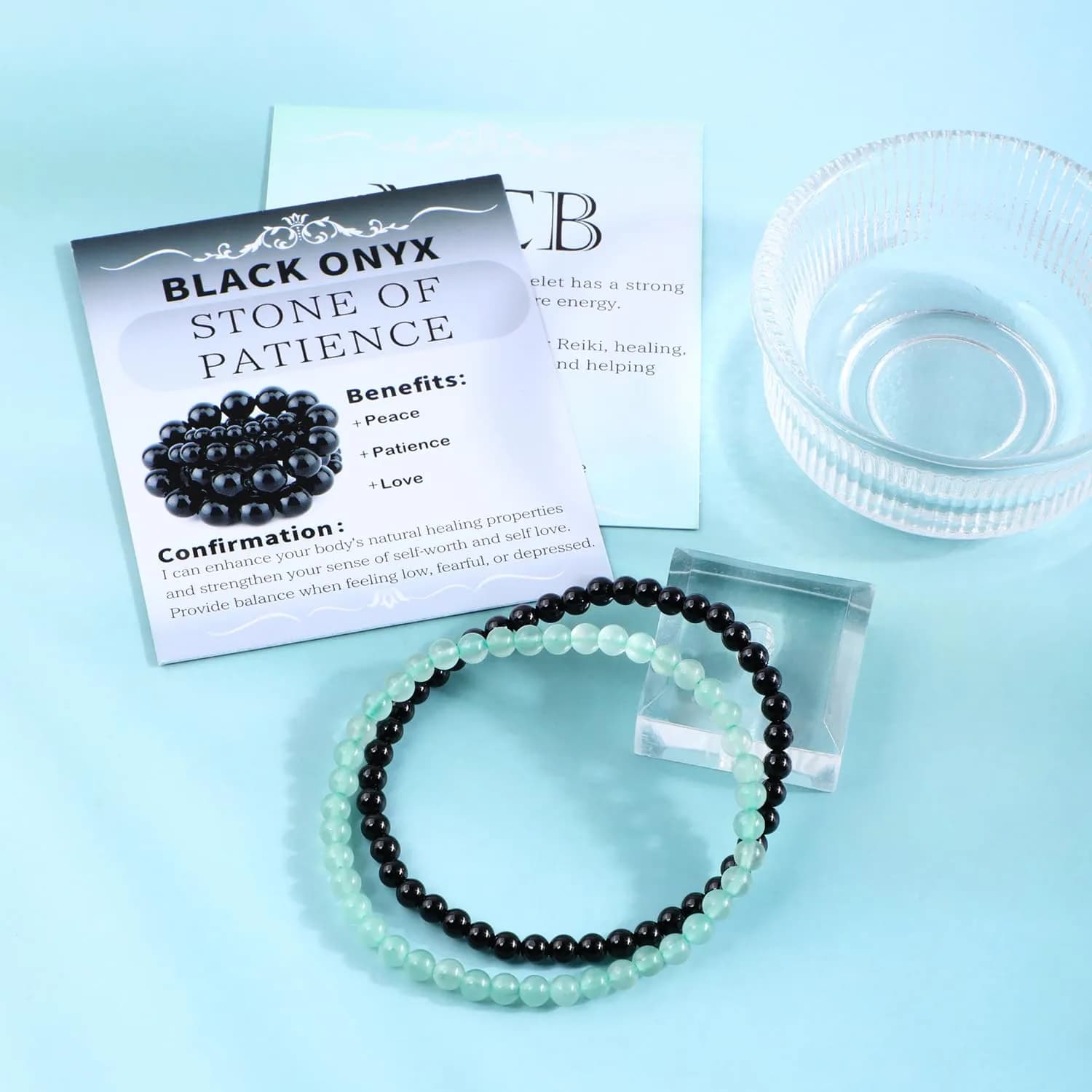 NCB Natural Crystal Gemstone Stretch Bracelets Black Onyx Green Aventurine 4mm Beads | Handmade Reiki Energy Healing Jewelry - view 3