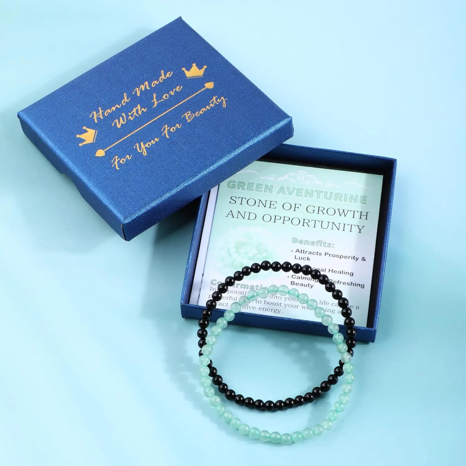 NCB Natural Crystal Gemstone Stretch Bracelets Black Onyx Green Aventurine 4mm Beads | Handmade Reiki Energy Healing Jewelry - view 4