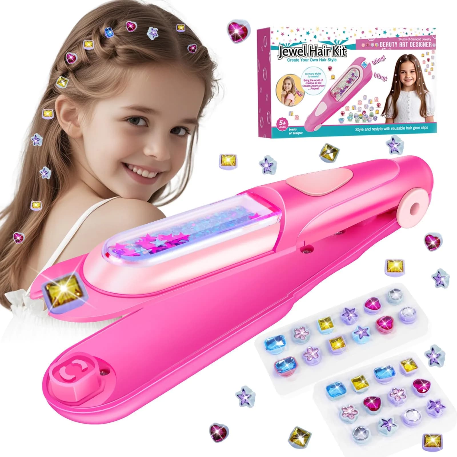 kidzkube Hair Gem Stamper Kit with Reusable Diamonds, Pink Toys for Girls Ages 3-12 - main product image