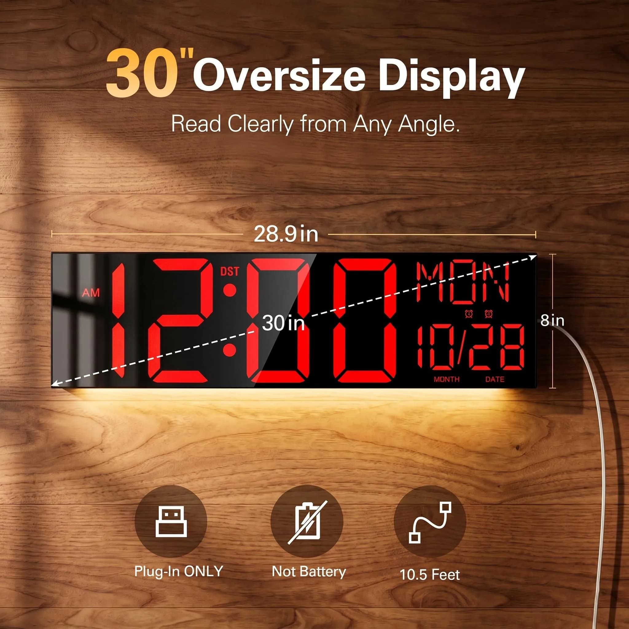 JALL 30-Inch Black Digital Wall Clock with Red Font | Oversize Jumbo LED Display, Date, Day, Temperature - view 2