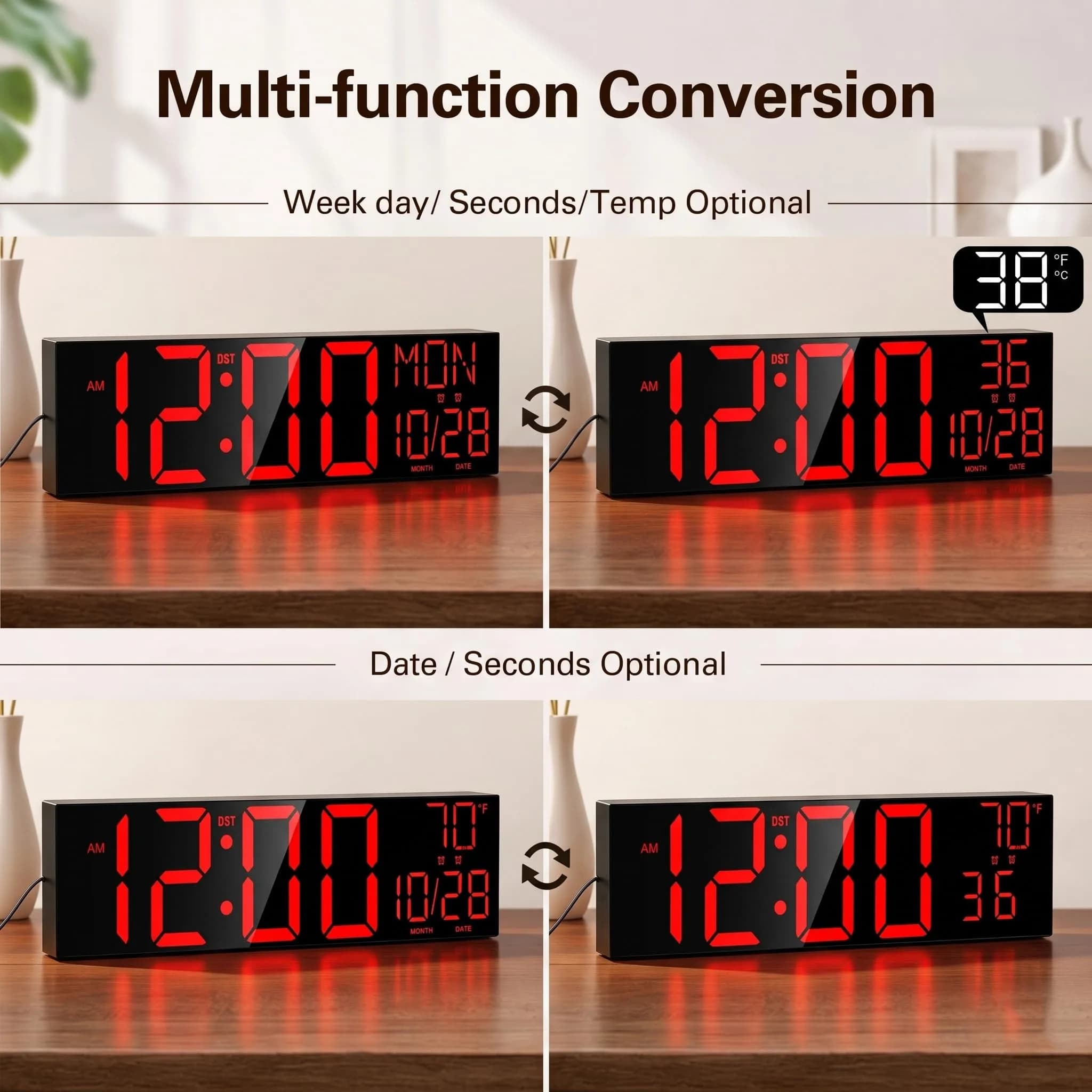 JALL 30-Inch Black Digital Wall Clock with Red Font | Oversize Jumbo LED Display, Date, Day, Temperature - view 3
