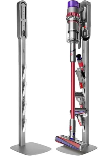 Haturi Metal Vacuum Stand for Dyson Cordless Vacuums | Heavy-Duty Organizer with 4 Hooks — Silver
