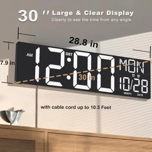 JALL 30" Extra Large Digital Wall Clock with Jumbo LED Numbers | Remote Control & Auto Brightness thumbnail 2