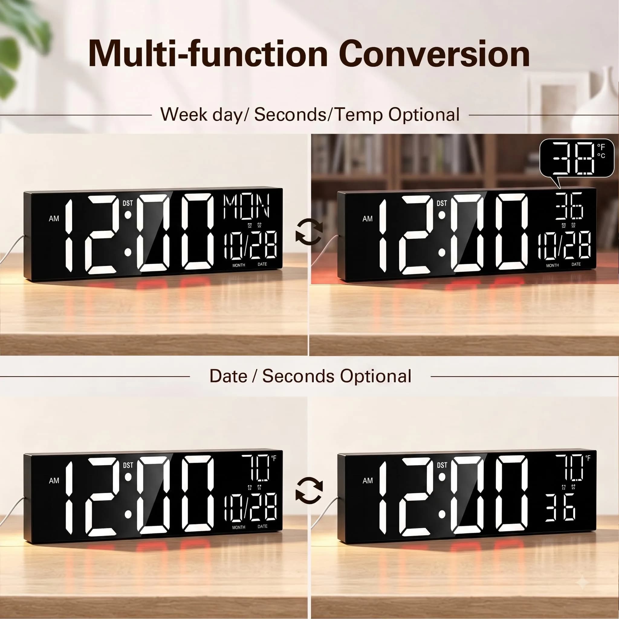 JALL 30-inch White Extra Large Digital Wall Clock with Jumbo LED Display and Remote Control - view 3
