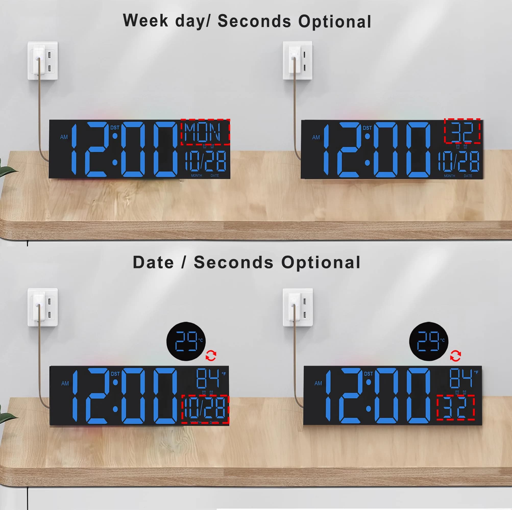 JALL 30-inch Extra Large Digital Wall Clock Blue | Jumbo LED Display with Remote Control & Auto Brightness - view 2