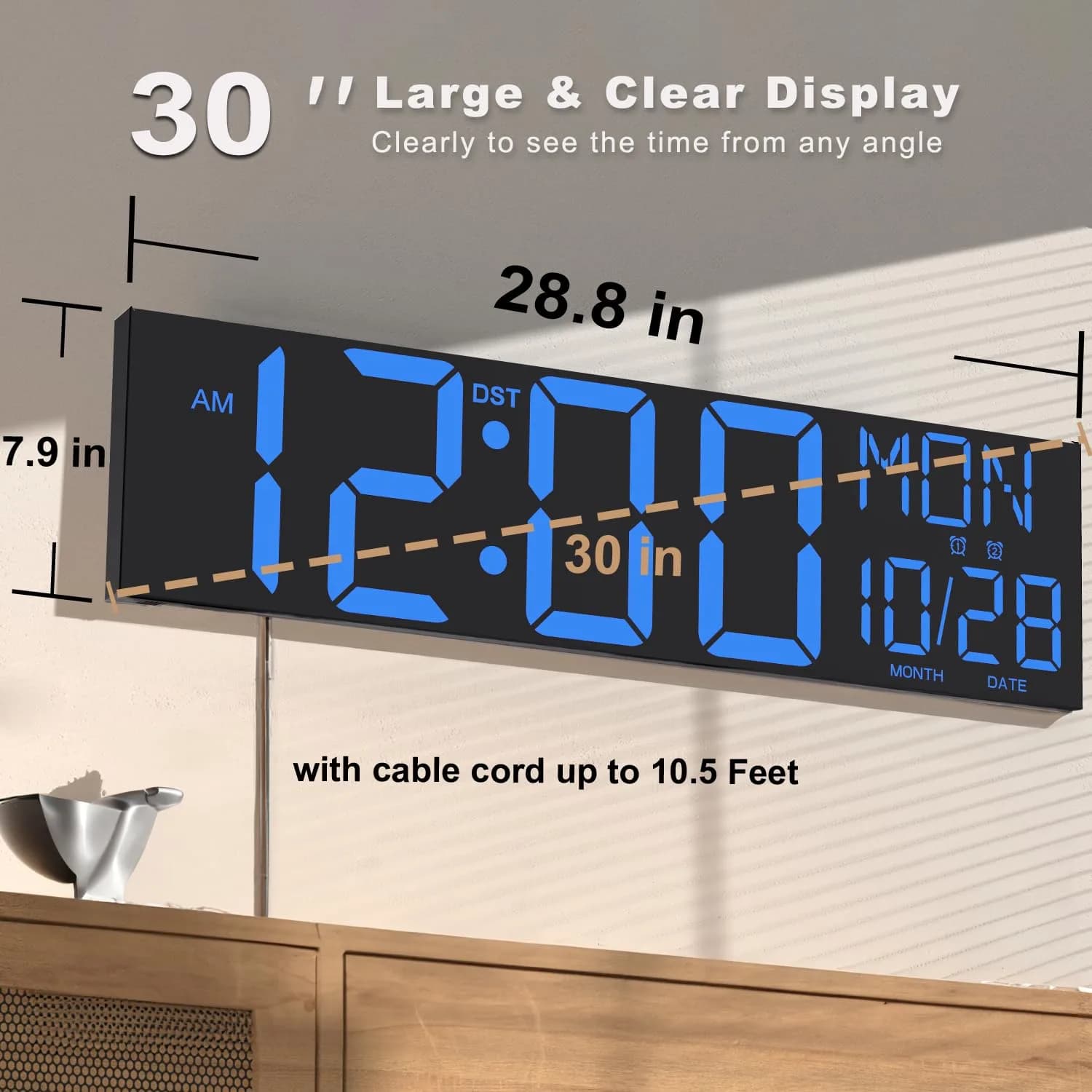 JALL 30-inch Extra Large Digital Wall Clock Blue | Jumbo LED Display with Remote Control & Auto Brightness - view 3