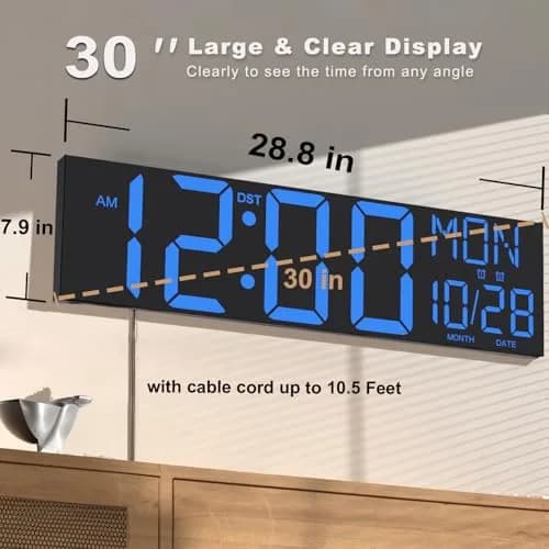 JALL 30-inch Extra Large Digital Wall Clock Blue | Jumbo LED Display with Remote Control & Auto Brightness thumbnail 3