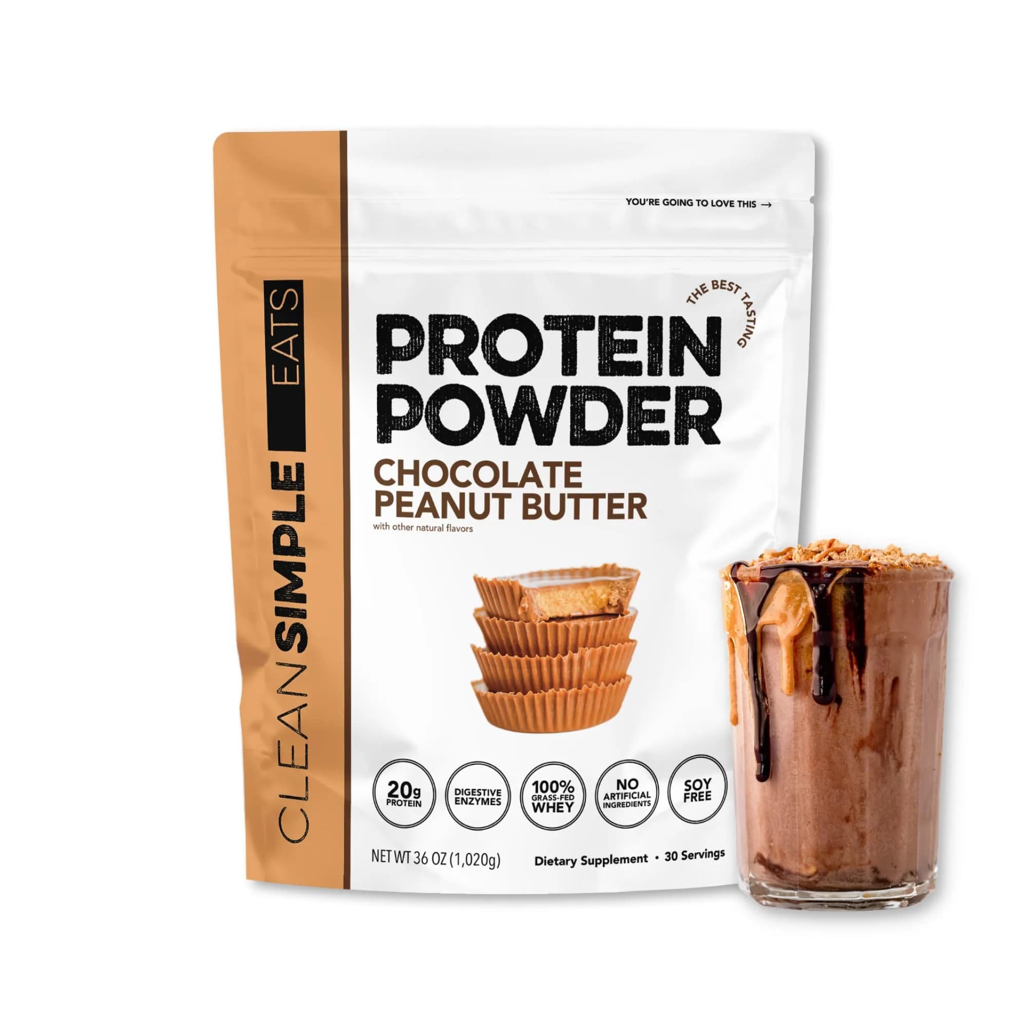 Clean Simple Eats Whey Protein Powder, Chocolate Peanut Butter | 30 Servings, 20g Protein, Gluten-Free