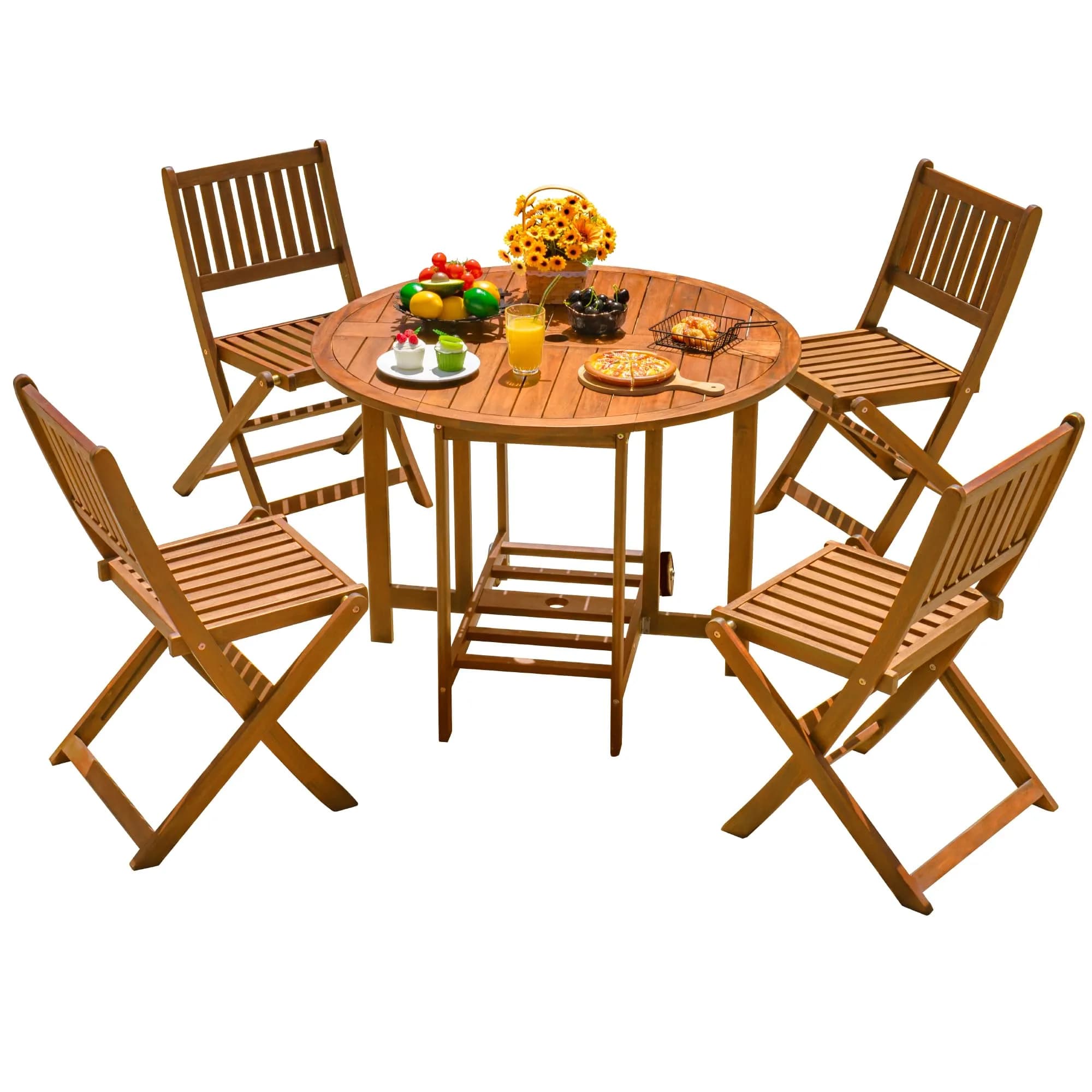 Devoko Acacia Wood Outdoor Patio Folding Table and Chairs Set for 4 | Classic Garden Dining — Light Brown