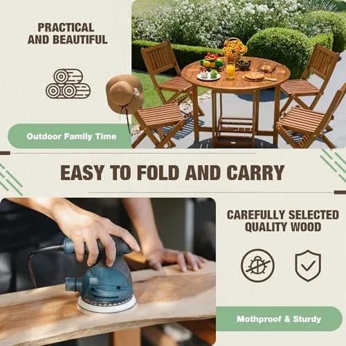 Devoko Acacia Wood Outdoor Patio Folding Table and Chairs Set for 4 | Classic Garden Dining thumbnail 4