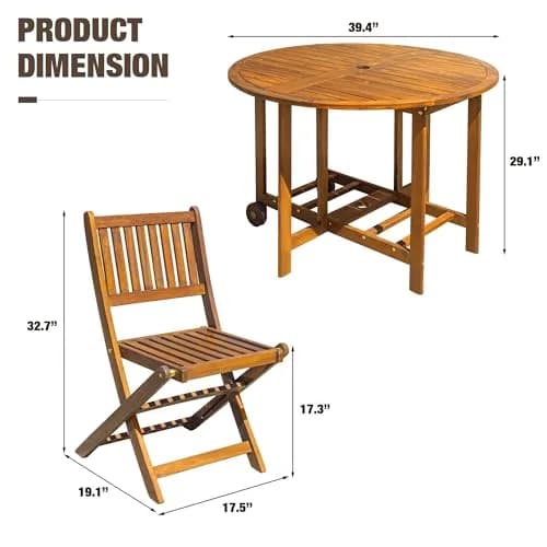 Devoko Acacia Wood Outdoor Patio Folding Table and Chairs Set for 4 | Classic Garden Dining thumbnail 5