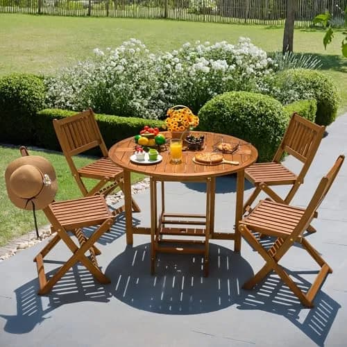 Devoko Acacia Wood Outdoor Patio Folding Table and Chairs Set for 4 | Classic Garden Dining thumbnail 6