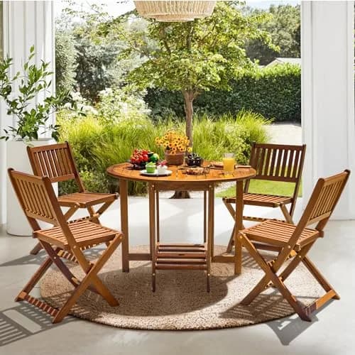 Devoko Acacia Wood Outdoor Patio Folding Table and Chairs Set for 4 | Classic Garden Dining thumbnail 7