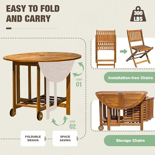 Devoko Acacia Wood Outdoor Patio Folding Table and Chairs Set for 4 | Classic Garden Dining thumbnail 3