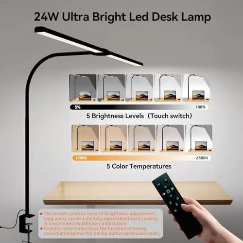 SLDRZN LED Desk Lamp for Home Office | Eye Caring 24W, 2000LM, Touch & Remote Control, Timer, Memory, Clamp, Black thumbnail 2