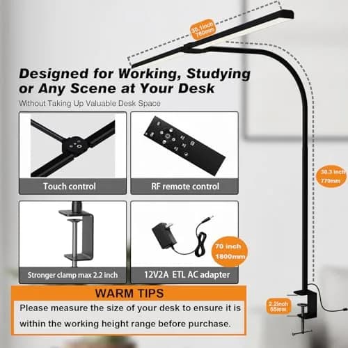 SLDRZN LED Desk Lamp for Home Office | Eye Caring 24W, 2000LM, Touch & Remote Control, Timer, Memory, Clamp, Black thumbnail 3