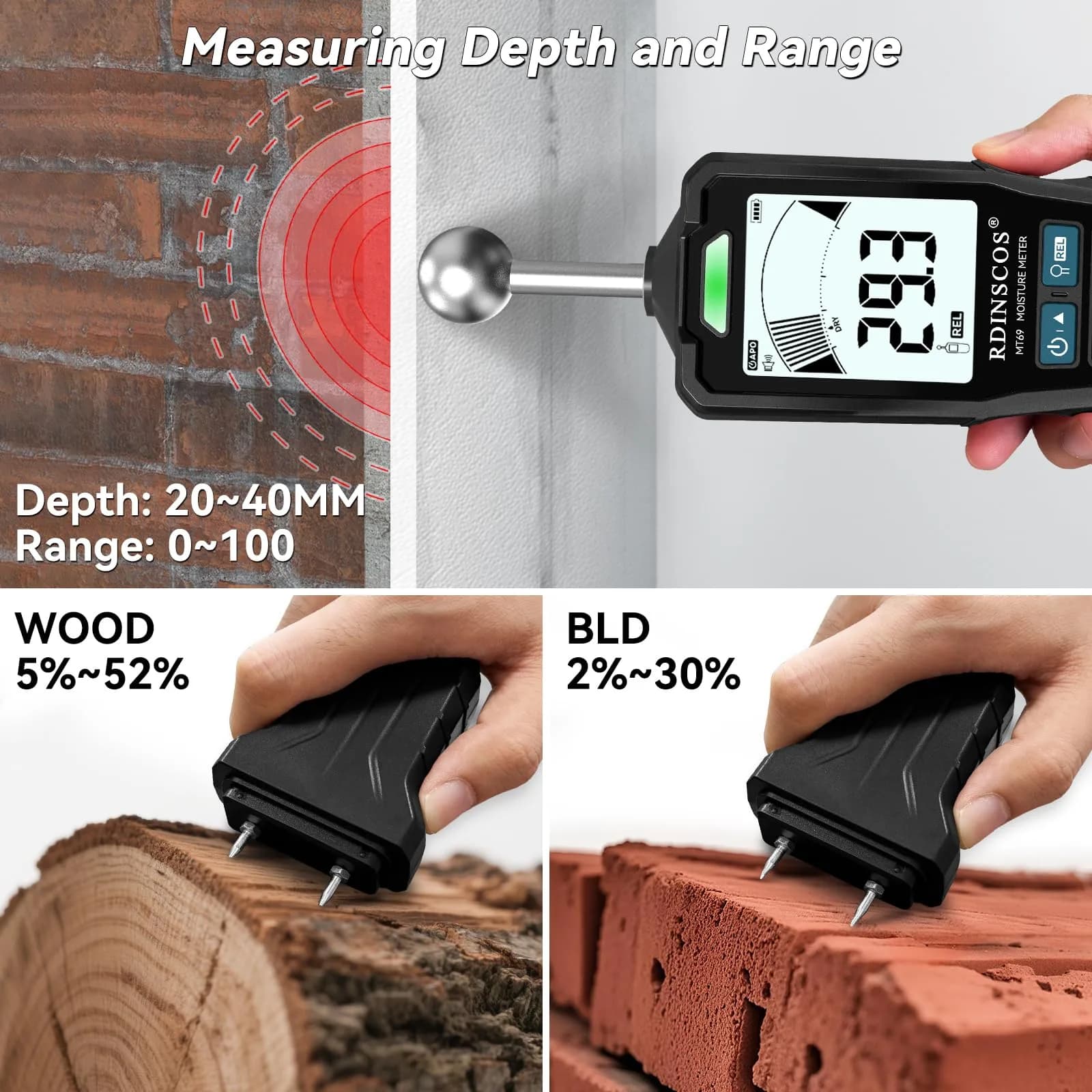 RDINSCOS 2-in-1 Pin & Pinless Moisture Meter | Detects Hidden Dampness in Walls, Wood, Concrete - view 5
