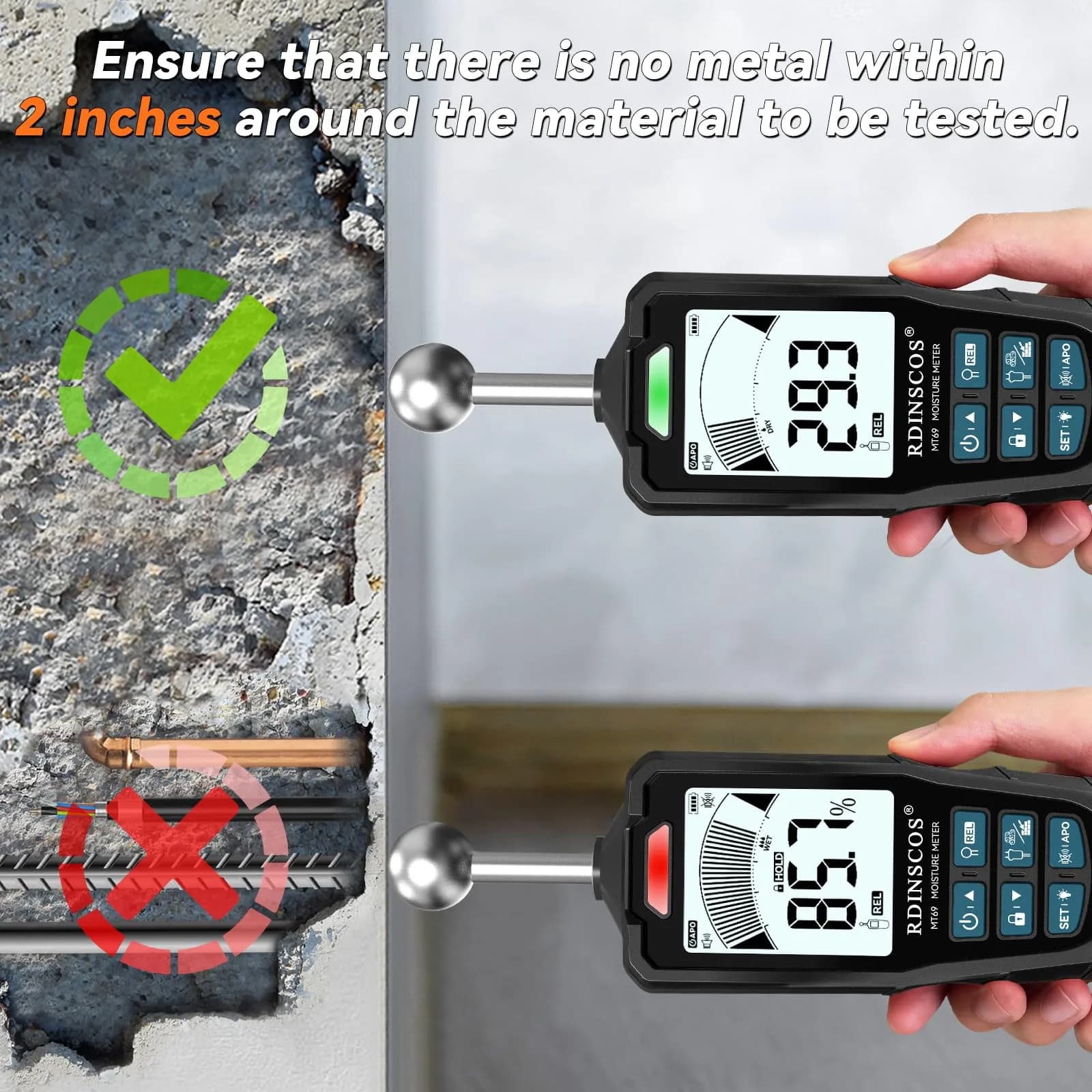 RDINSCOS 2-in-1 Pin & Pinless Moisture Meter | Detects Hidden Dampness in Walls, Wood, Concrete - view 6