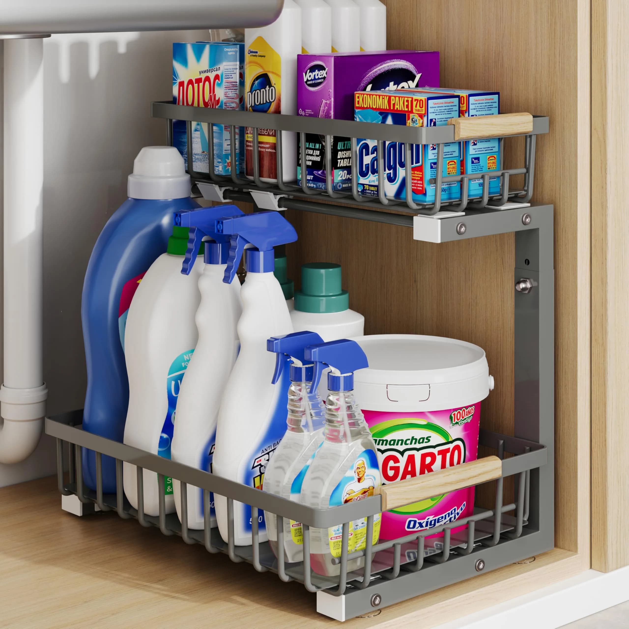 Hahaemall Under Sink Organizer Storage 15.3 x 11.6 x 17 in | Metal 2-Tier Pull Out Rack for Kitchen & Bathroom — Gray