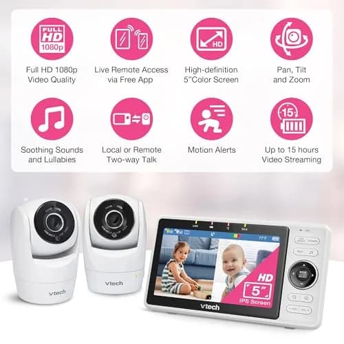VTech VM901-2 Smart WiFi Baby Monitor with 2 Cameras | 5" HD Split Screen, Pan-Tilt-Zoom, Night Vision thumbnail 2