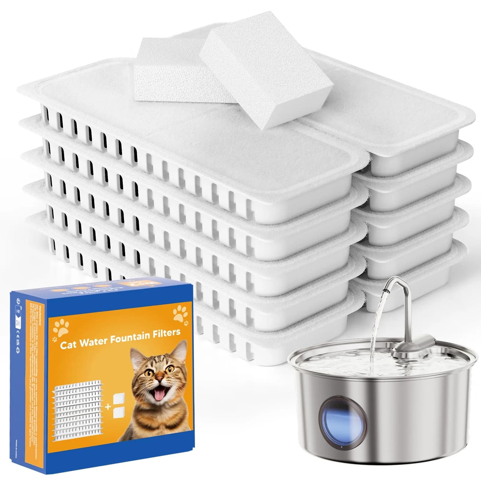 puppyspout Cat Water Fountain Filters for 3.2L (108oz) Fountain | 10 Filters + 2 Sponges, 6-Month Supply — Filters