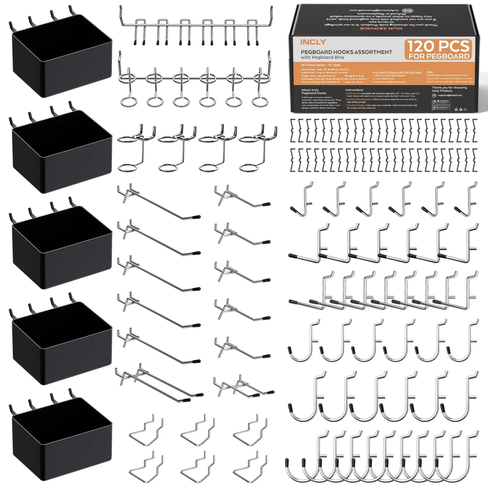 INCLY 120PCS Pegboard Accessories Organizer Kit with Pegboard Hooks & Bins | Heavy Duty Metal & Plastic Set - main product image