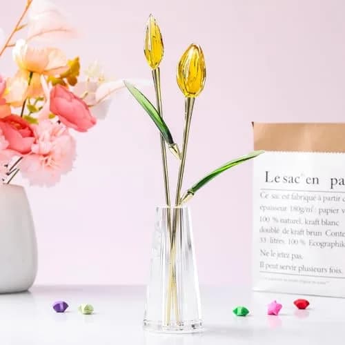 LONGWIN Crystal Tulips Flower Figurine with Vase 10in | Elegant Glass Decor Gift for Women Mom thumbnail 2