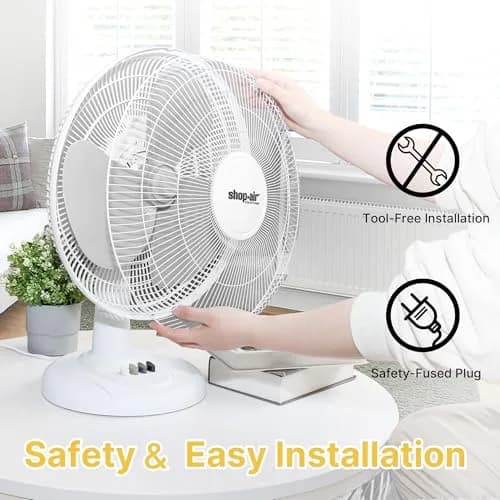 SHOP·AIR 16" Oscillating Table Fan, 3 Speeds, High-Velocity, Quiet & Powerful Air Circulation, 70° Adjustable Head Tilt, Ideal for Home, Bedroom or Office, White | 16 inch, 3-speed oscillating fan thumbnail 6