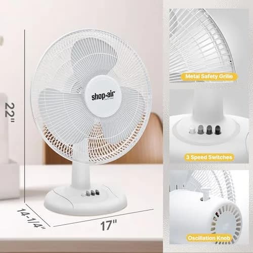SHOP·AIR 16" Oscillating Table Fan, 3 Speeds, High-Velocity, Quiet & Powerful Air Circulation, 70° Adjustable Head Tilt, Ideal for Home, Bedroom or Office, White | 16 inch, 3-speed oscillating fan thumbnail 2