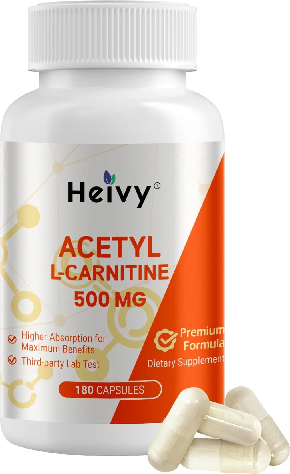 Heivy Acetyl L-Carnitine 500mg | Supports Brain & Metabolic Health | 180 Capsules — White
