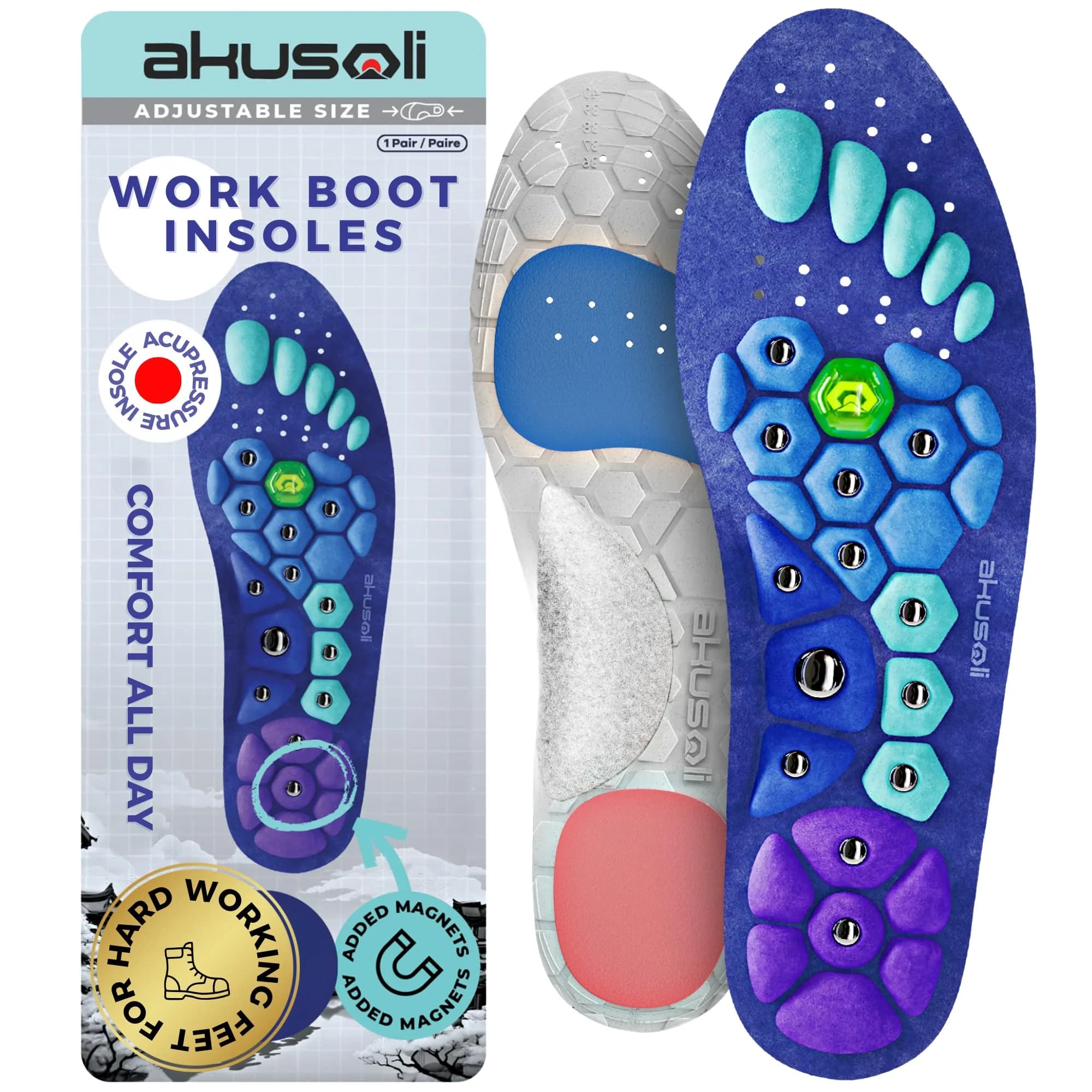 Akusoli Shoe Insert for Men, Work Boots & Daily Wear | Shock Absorbing, Arch Support, Magnetic, Cushioned (L/XL)